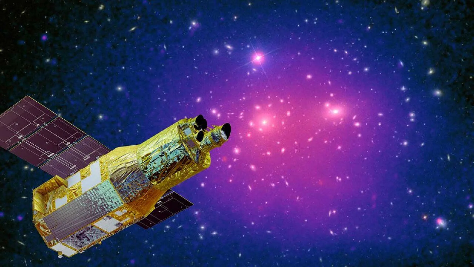 An illustration of XRISM studying dark matter around a galaxy cluster.