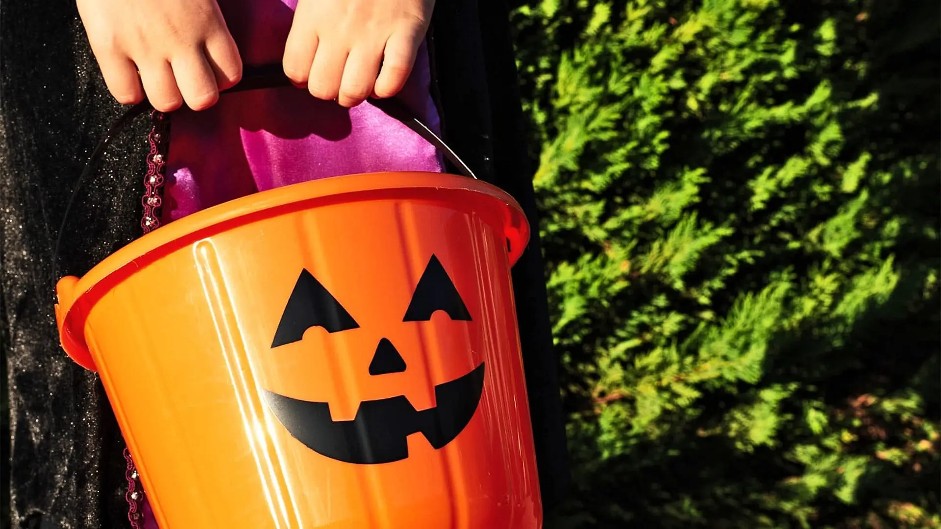 A young child holds an orange bucket with a Jack-o-lantern face on it.