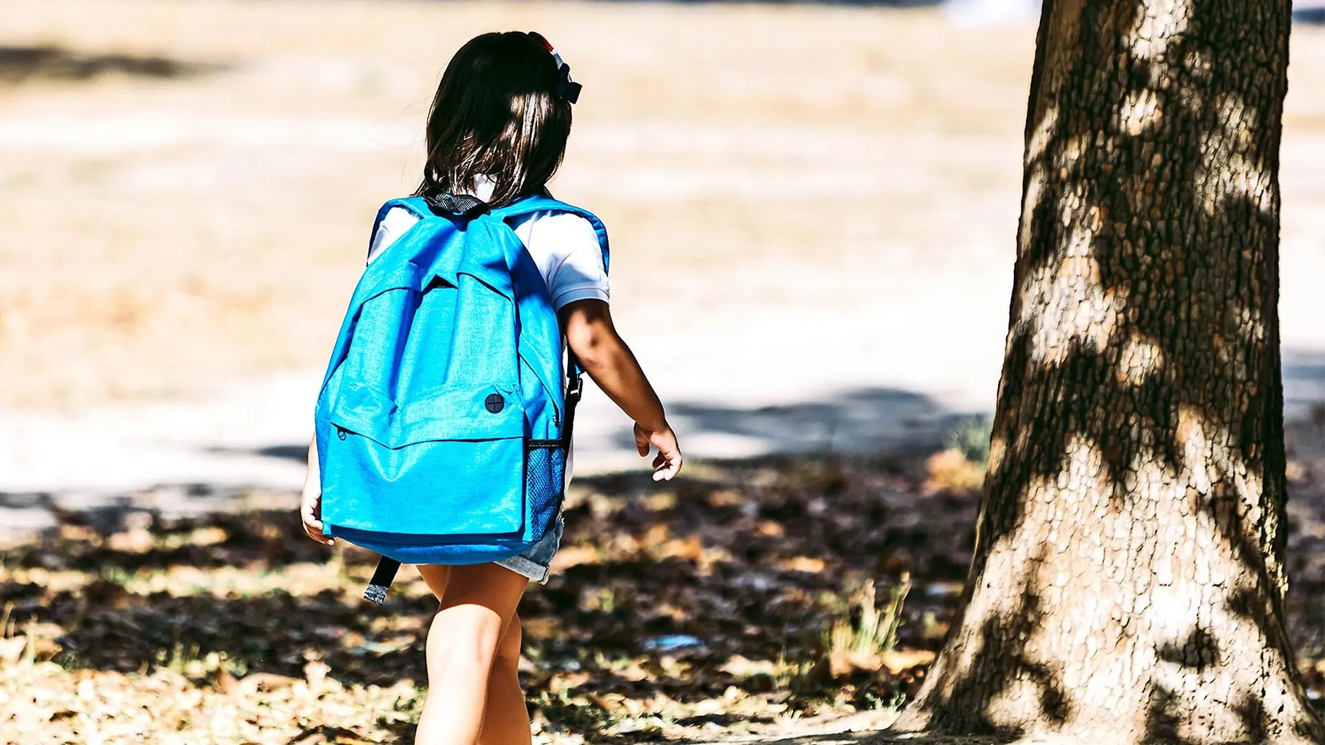 A young girl walks to school through a field while carrying a blue backpack.