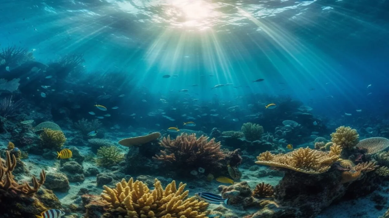 Multi ed fish swarm soft coral in tropical reef generated by AI.