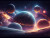 Free photo glowing spaceship orbits planet in starry galaxy.